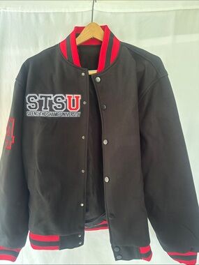 STSU Black and Red Varsity Bomber Jacket